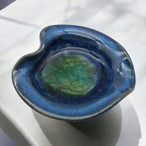 Small Studio Art Crystalline Glaze Blue Green Trinket Dish Spoon Rest Made USA